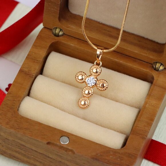 "Rose Gold Cross Pendant with Textured Beads and Center Crystal Stone, XPPT1606 - Picture 9 of 13